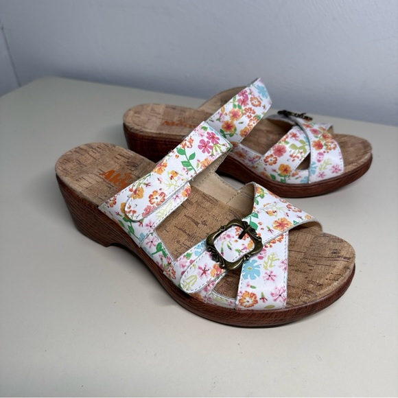 Alegria Women's Floral Leather  platform Wedges - White Pink and Brown Sz 37 - Picture 5 of 11